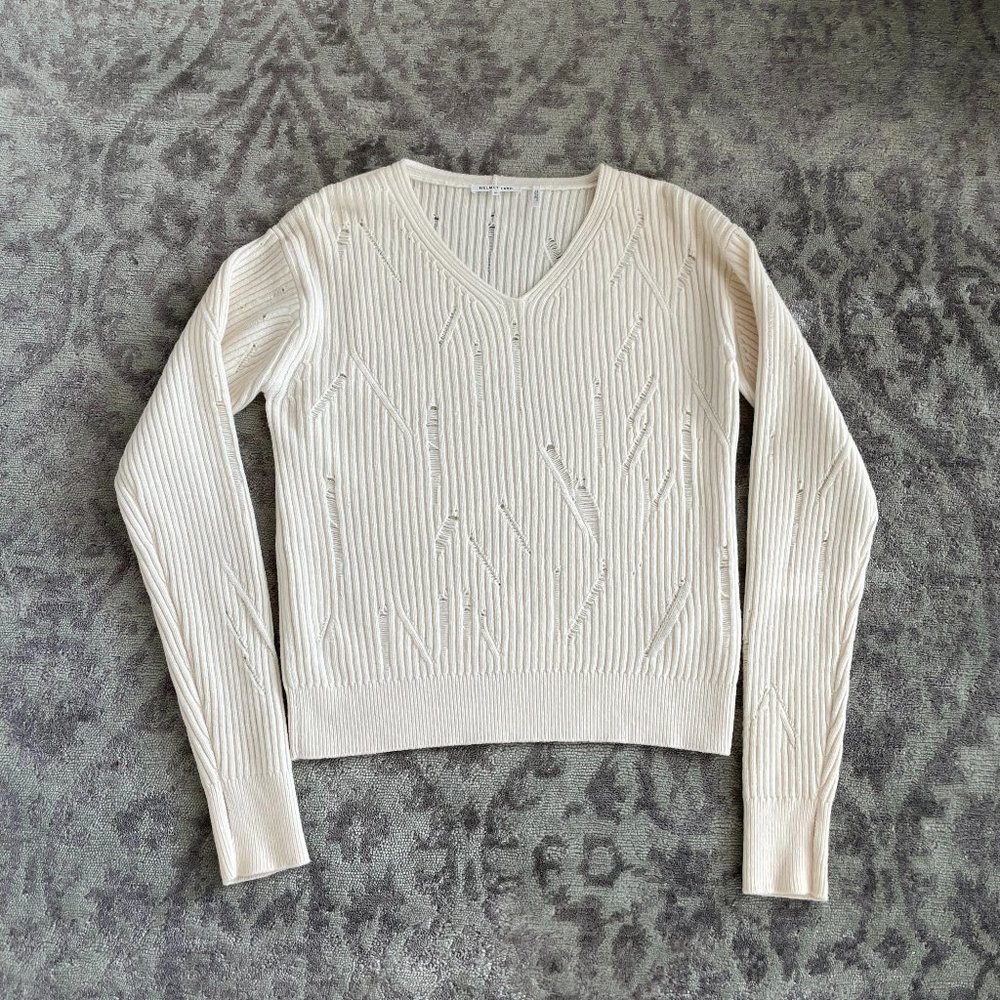 Helmut Lang Cream Lambswool Distressed Sweater